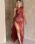 Sexy One Shoulder Satin High Split Cocktail Fit Wedding Party Maxi Formal Dress - LUNA