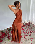 Sexy One Shoulder Satin High Split Cocktail Fit Wedding Party Maxi Formal Dress - LUNA