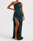 Sexy One Shoulder Satin High Split Cocktail Fit Wedding Party Maxi Formal Dress - LUNA