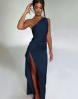 Sexy One Shoulder Satin High Split Cocktail Fit Wedding Party Maxi Formal Dress - LUNA