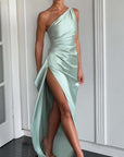 Sexy One Shoulder Satin High Split Cocktail Fit Wedding Party Maxi Formal Dress - LUNA