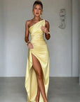 Sexy One Shoulder Satin High Split Cocktail Fit Wedding Party Maxi Formal Dress - LUNA