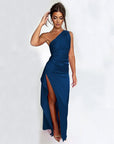 Sexy One Shoulder Satin High Split Cocktail Fit Wedding Party Maxi Formal Dress - LUNA