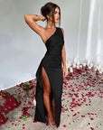 Sexy One Shoulder Satin High Split Cocktail Fit Wedding Party Maxi Formal Dress - LUNA