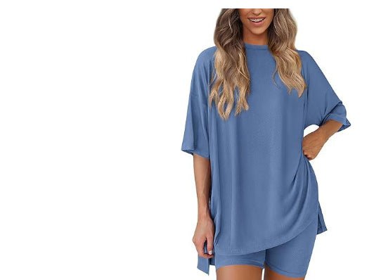 Crewneck Two - Piece Set For Women Summer Casual Oversized Split Hem Shirts & Side Pocket Biker Shorts Minimalist Lounge Wear Soft Viscose Fabric Comfy Homewear Cozy Pjs - LUNA