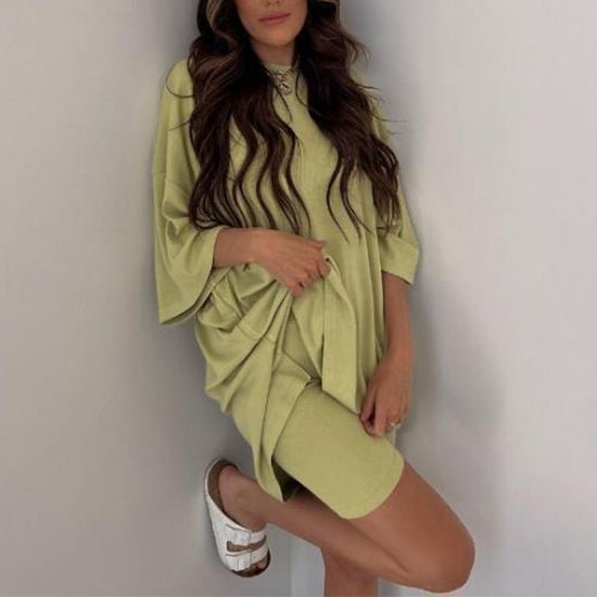 Crewneck Two - Piece Set For Women Summer Casual Oversized Split Hem Shirts & Side Pocket Biker Shorts Minimalist Lounge Wear Soft Viscose Fabric Comfy Homewear Cozy Pjs - LUNA