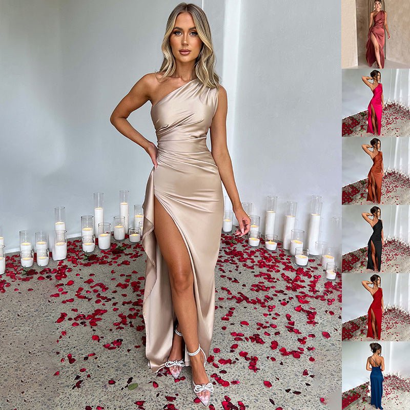 Sexy One Shoulder Satin High Split Cocktail Fit Wedding Party Maxi Formal Dress - LUNA