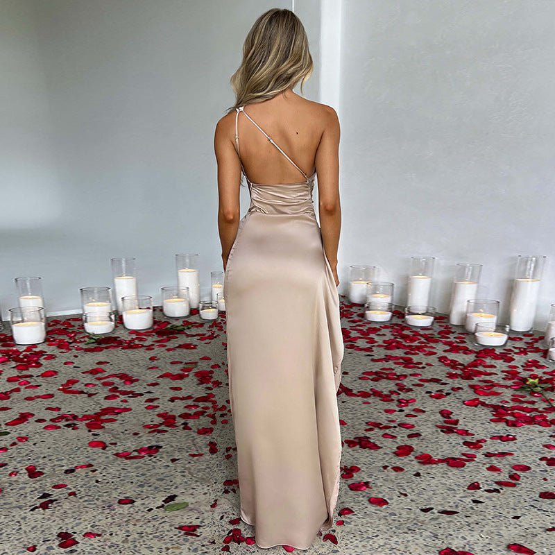 Sexy One Shoulder Satin High Split Cocktail Fit Wedding Party Maxi Formal Dress - LUNA