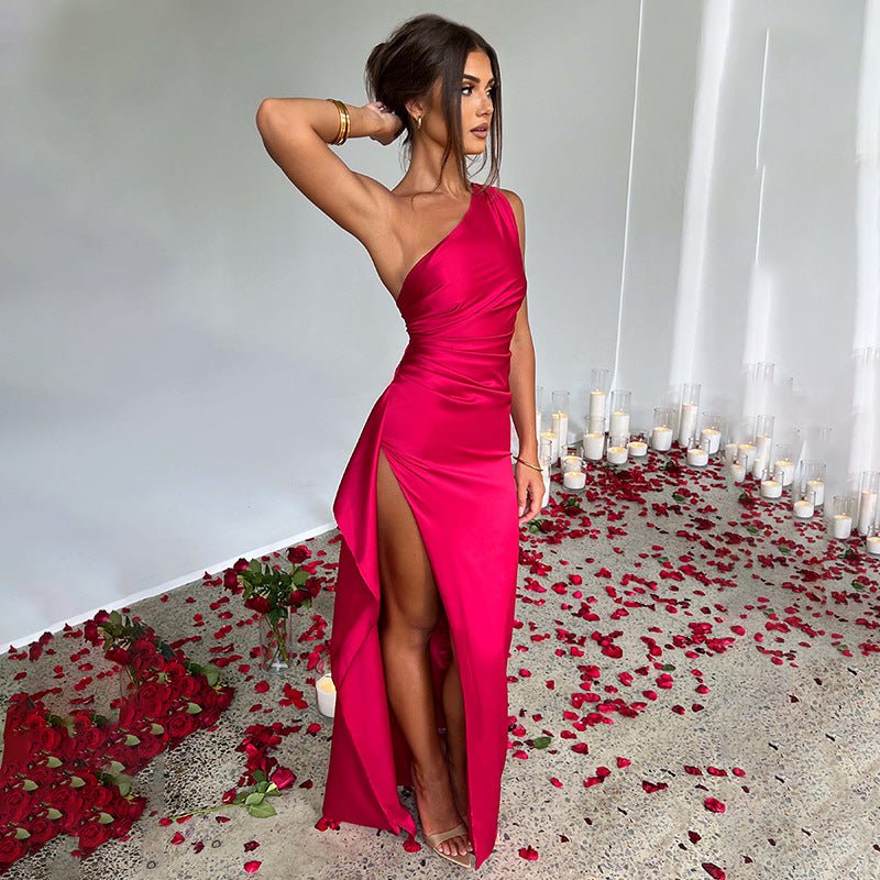 Sexy One Shoulder Satin High Split Cocktail Fit Wedding Party Maxi Formal Dress - LUNA