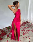 Sexy One Shoulder Satin High Split Cocktail Fit Wedding Party Maxi Formal Dress - LUNA
