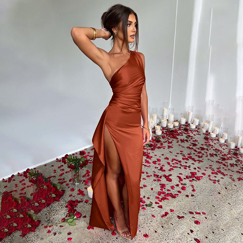 Sexy One Shoulder Satin High Split Cocktail Fit Wedding Party Maxi Formal Dress - LUNA