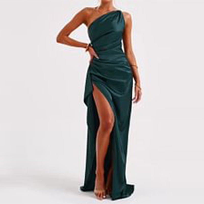 Sexy One Shoulder Satin High Split Cocktail Fit Wedding Party Maxi Formal Dress - LUNA
