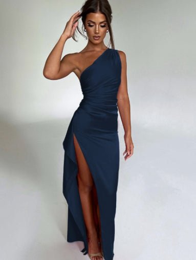 Sexy One Shoulder Satin High Split Cocktail Fit Wedding Party Maxi Formal Dress - LUNA