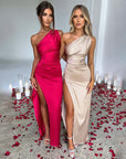 Sexy One Shoulder Satin High Split Cocktail Fit Wedding Party Maxi Formal Dress - LUNA