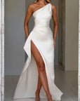Sexy One Shoulder Satin High Split Cocktail Fit Wedding Party Maxi Formal Dress - LUNA